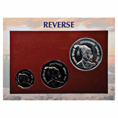 1999, Chhatrapati Shivaji, UNC set of 3 coins, 100 Rupees, 50 Rupees and 2 Rupees, Mumbai 