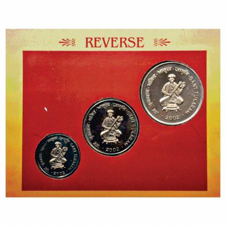 2002, Saint Tukaram, UNC set of 3 coins, 100 Rupees, 50 Rupees and 10 Rupees, Kolkata Mint