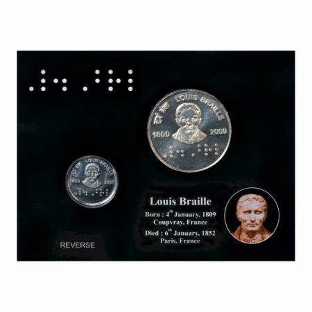 2009, 200th Birth Anniversary of Louis Braille, UNC set of 2 coins, 100 Rupees and 2 Rupee