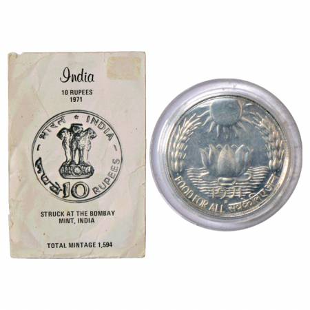1971, Food for All, Proof set of 1 coin, 10 Rupees, Bombay Mint, with original mint paper 