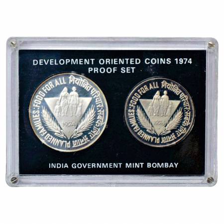 1974, Planned Families-Food for All, Proof set of 2 coins, 50 Rupees and 10 Rupees, withou