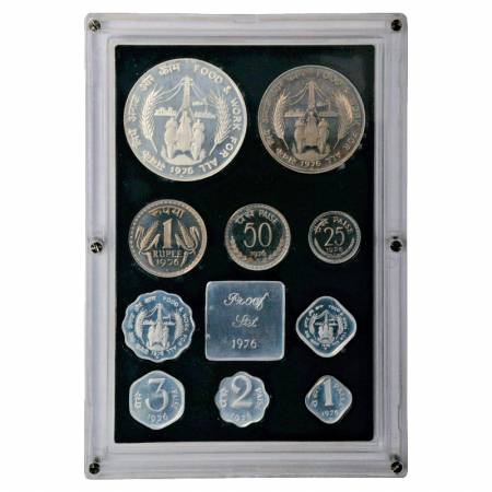 1976, Food & Work For All, Proof set of 10 coins, 50 Rupees, 10 Rupees, 1 Rupee, 50 Paise,