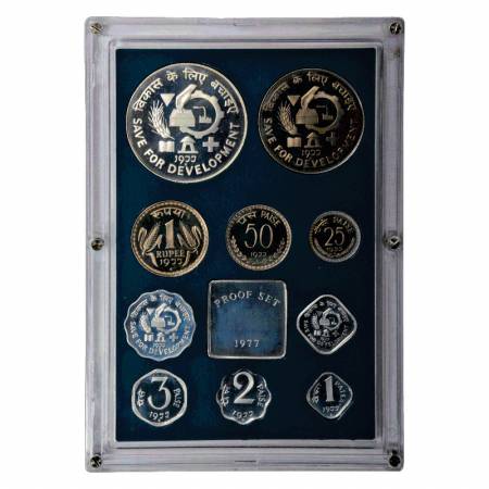 1977, Save For Development, Proof set of 10 coins, 50 Rupees, 10 Rupees, 1 Rupee, 50 Paise