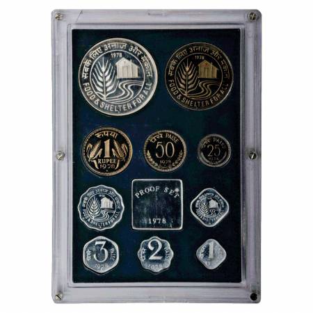 1978, Food & Shelter For All, Proof set of 10 coins, 50 Rupees, 10 Rupees, 1 Rupee, 50 Pai