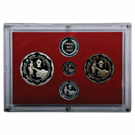 1980, Rural Women's Advancement, Proof set of 4 coins, 100 Rupees, 10 Rupees, 25 Paise and