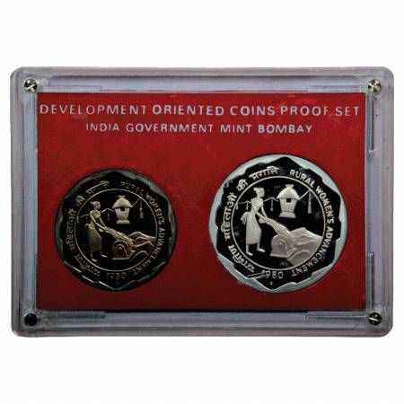 1980, Rural Women's Advancement, Proof set of 2 coins, 100 Rupees and 10 Rupees, Bombay Mi