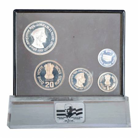 1989, Jawaharlal Nehru Birth Centenary, Proof Set of 4 coins in acrylic stand, 100 Rupees,