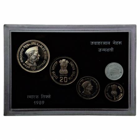 1989, Jawaharlal Nehru Birth Centenary, Proof set of 4 coins in acrylic case, 100 Rupees, 