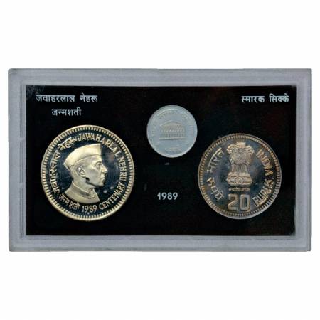 1989, Jawaharlal Nehru Birth Centenary, Proof set of 2 coins, 100 Rupees and 20 Rupees, wi