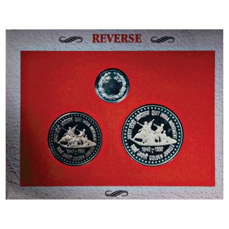 1992, Quit India Movement, Proof set of 2 coins, 100 Rupees and 50 Rupees, with mint emble