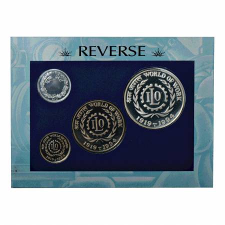 1994, World of Work, Proof set of 3 coins, 100 Rupees, 50 Rupees and 5 Rupees with mint em