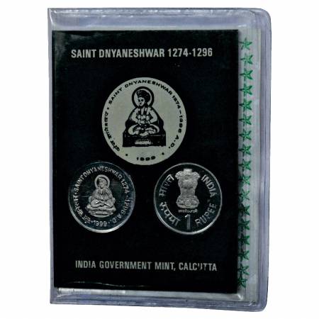 1999, Saint Dnyaneshwar, Special Proof Collector's pack of 2 coins, 1 Rupee, Kolkata Mint,