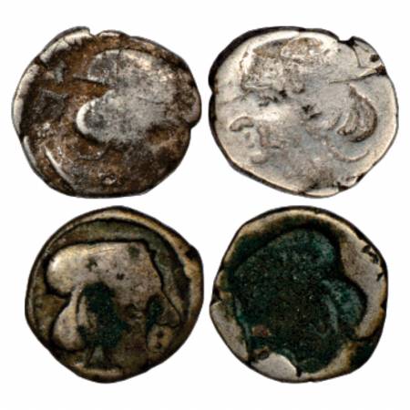 Western Kshatrapas, Obverse brockages (lakhi) with bust of king facing right, wearing a fl