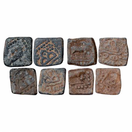 Western Kshatrapas, Lead Unit (4), 4.05g, 3.72g, 3.35g and 3.25g. Obv: Bull. Rev: Arched h
