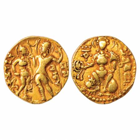 Gupta Empire, Samudra Gupta (350-375 AD), Gold Dinar of 'King and Queen' type, 7.61g. Obv:
