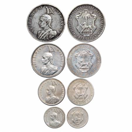 German East Africa, Wihelm II, set of 4 Silver Coins, 2 Rupien 1893, 1 Rupie, 1892, ½ Rupi