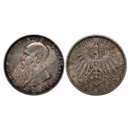 German State-Saxe-Meiningen, George II, Silver 5 Mark, 27.69g. 1908, 'D' mintmark. Obv: Po