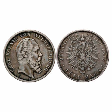 German State-Wurttemberg, Karl I, Silver 5 mark, 27.40g. 1875, 'F' mintmark. Obv: Portrait