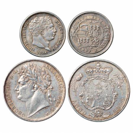 Great Britain (2), George III, Silver Shilling, 1816, KM 666 and George IV, Silver ½ Crown