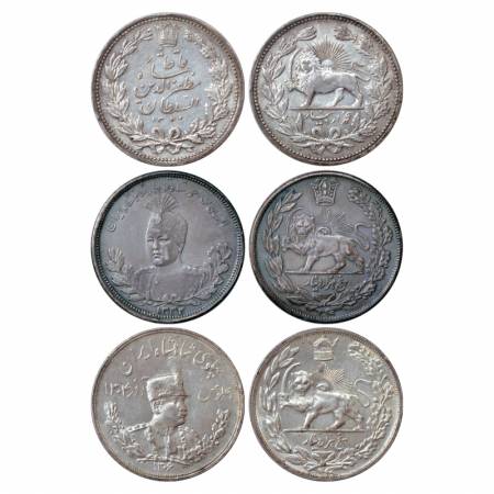 Iran, Silver 5000 Dinars (3), (a) AH 1320/(1902), 23g. Obv: Legend within crowned wreath. 
