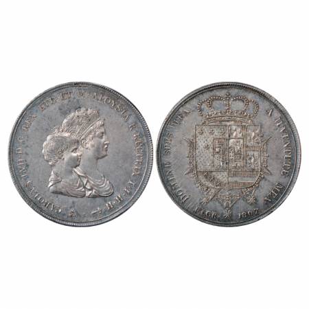 Italian State-Tuscany, Charles Louis, Silver 10 Lira, 39.45g. 1807. Obv: Conjoined bust ri