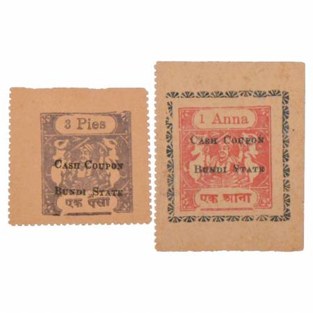 Bundi State, Cash Coupon (2), 3 Pice (1 Paisa) and 1 Anna. Obv: Black overprint Cash Coupo