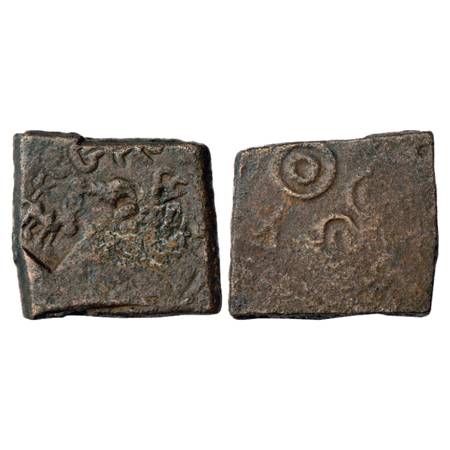 Obv: Lakshmi seated on lotus being anointed by a pair of elephants pouring water over her 