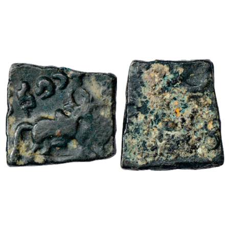Obv: Bull walking to right; Brahmi legend …padasa inscribed upside down above. Rev: Corrod