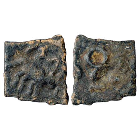 Obv: Bull walking to right, triangle-headed standard in front partly visible; Brahmi legen