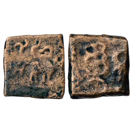 Obv: Bull walking to right; Brahmi legend …tapadasa inscribed upside down above. Rev: Bold