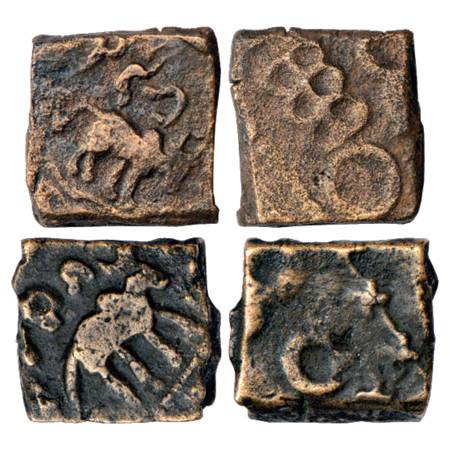 Obv: Bull walking to right; Brahmi legend …padasa inscribed upside down above. Rev: Bold N