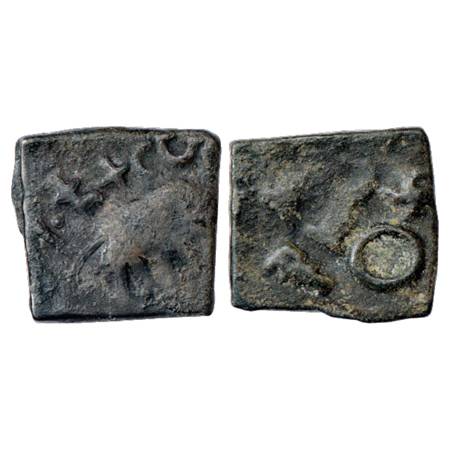 Elephant Type: Obv: Elephant with trunk raised walking to right; Brahmi legend Ramño Kutap