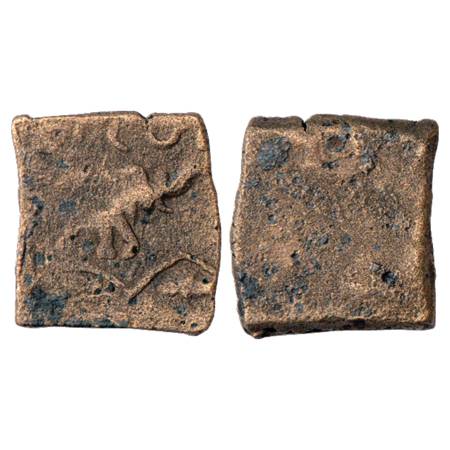 Obv: Elephant with trunk raised walking to right, wavy line with fish below; Brahmi legend