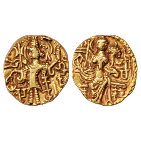 Later Kushans, Gadahara (320-350 AD), Base Gold Stater, MACW 3594-3596, 7.70g. Obv: King s