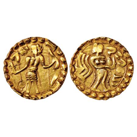 Post-Gupta Bengal, 'Samatata' region, uninscribed Gold Dinar imitating Gupta coins designs