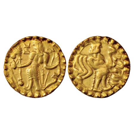 Post-Gupta Bengal, 'Samatata' region, uninscribed Gold Dinar imitating Gupta coins designs