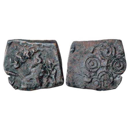 Obv: Elephant and tree-in-railing of the overtype; Undertype: Not much of the obverse visi