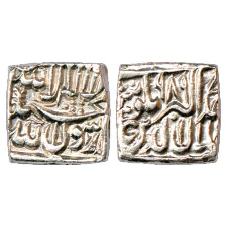 Akbar (1556-1605 AD), Silver Square Rupee, Bang (by Style) Mint, AH 989, KM A86.1. Shroff 