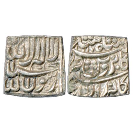 Akbar (1556-1605 AD), Silver Square Rupee, Bangala Mint, AH 1017. Obv: Kalima. Rev: Poetic
