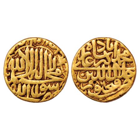 Akbar (1556-1605 AD), Gold Mohur, 10.49g, Fathpur Mint, AH 986, both sides foliated border