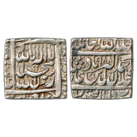 Akbar (1556-1605 AD), Silver Square Rupee, Dar us-Sultanat Fathpur Mint, AH 988, KM 82.2. 