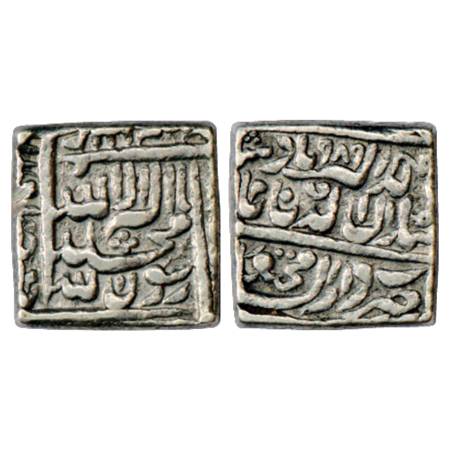 Akbar (1556-1605 AD), Silver Square Rupee, Dar us-Sultanat Fathpur Mint, AH 989, KM 82.2. 