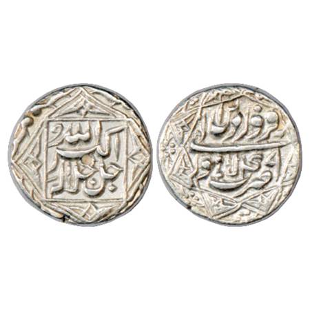 Akbar (1556-1605 AD), Silver Rupee, Lahore Mint, Farwardin 49, Legend within 4 pointed sta
