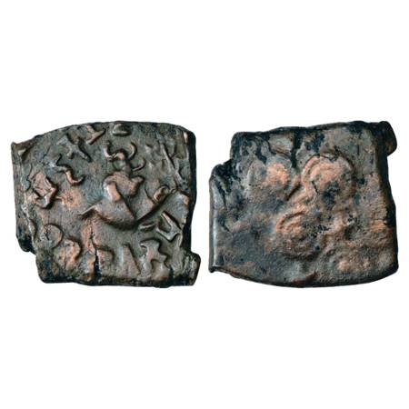 Obv: Elephant with Shrivatsa under its mouth, tree-in-railing in its front of the overtype