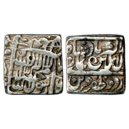 Akbar (1556-1605 AD), Silver Square Rupee, Urdu Zafar Qarin Mint, ND type, KM 82.9. Very F