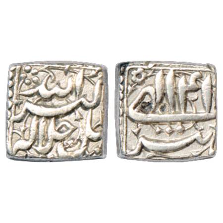 Akbar (1556-1605 AD), Silver Square Rupee, 'mint less' type, Tir 41, KM 90.1. Gash on Edge