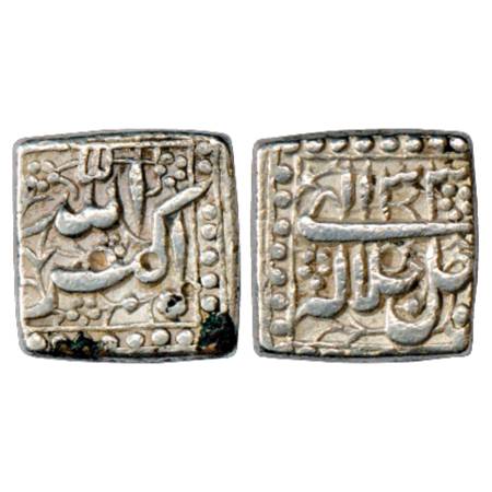 Akbar (1556-1605 AD), Silver Square Rupee, 'mint less' type, Ilahi 33, KM 91.1. A little d
