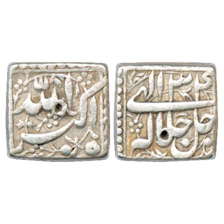 Akbar (1556-1605 AD), Silver Square Rupee, 'mint less' type, Ilahi 34, KM 91.1. Very Fine+