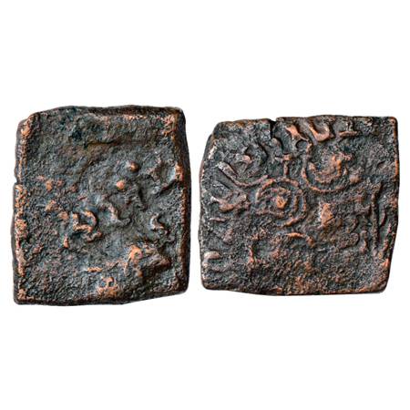 Obv: Elephant and trunk of the overtype counterstruck on 'Ujjain' symbol; Overtype: …(ri) 