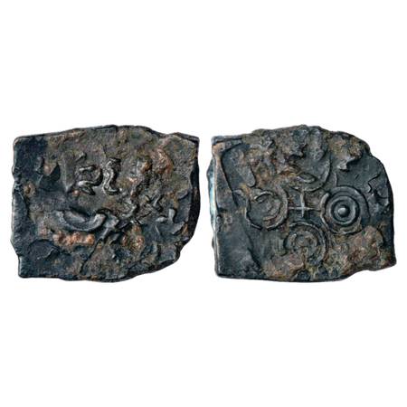 Obv: Elephant with upraised trunk of the overtype counterstruck on 'Ujjain' symbol; Overty